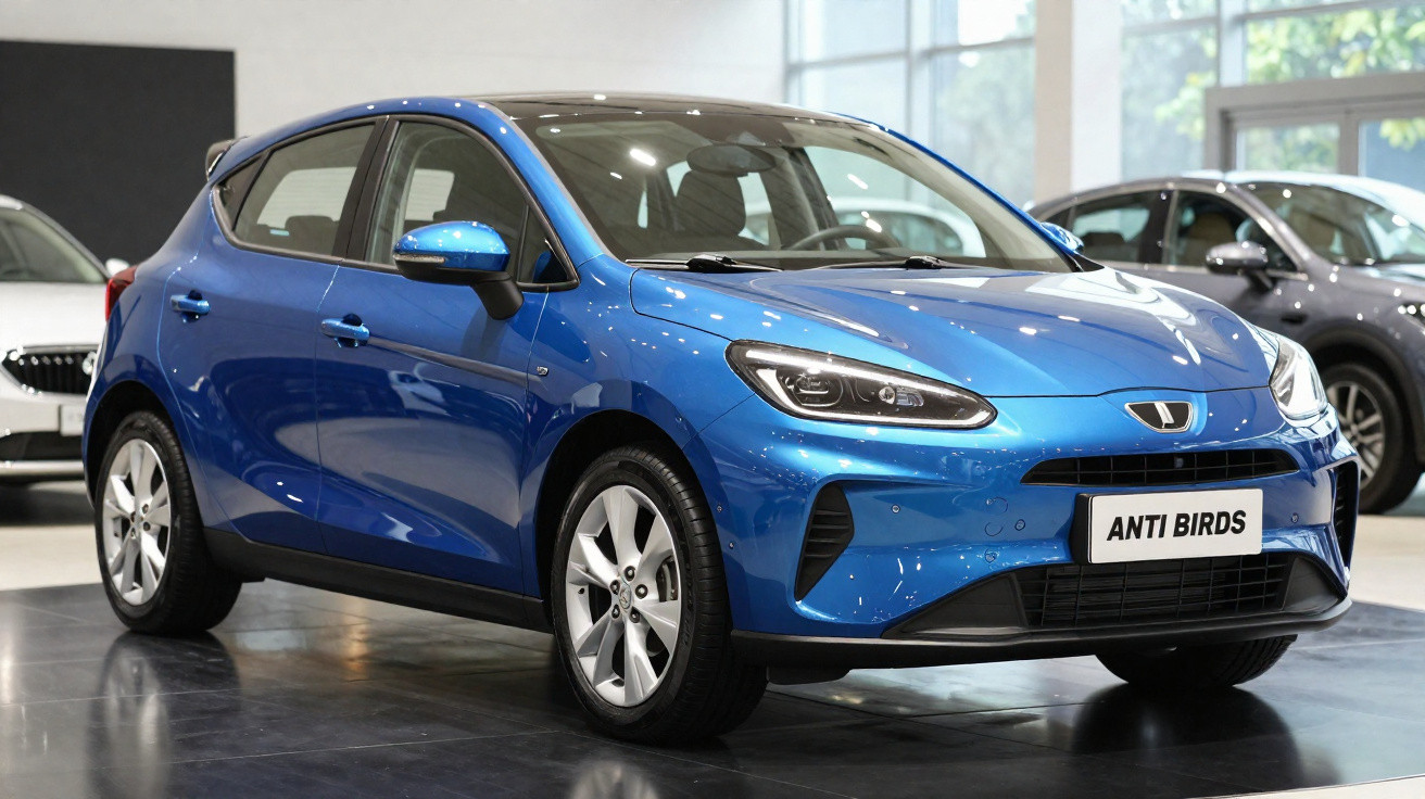 Blauer kompakter Elektroauto-Hatchback in einem hellen Showroom mit mehreren Fahrzeugen.