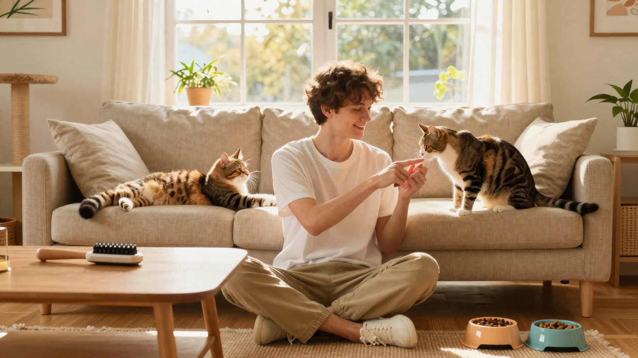 Junge sitzt im Wohnzimmer und spielt mit zwei gestreiften Katzen vor einem Sofa bei Tageslicht.