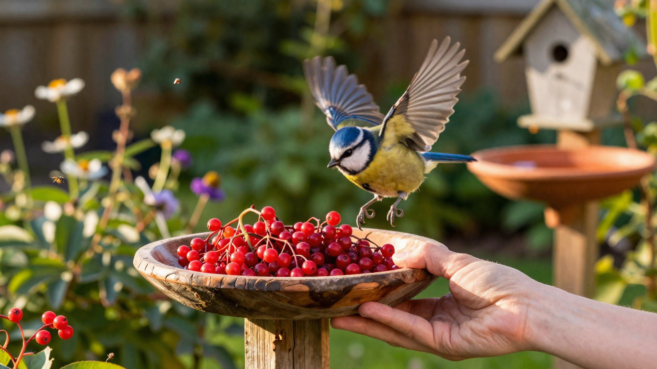 Blaumeise im Flug über einer Hand mit Schale voller roter Beeren im Garten, Vogelhaus im Hintergrund.