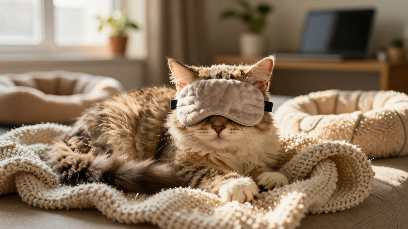 Braune Katze liegt auf beige gestrickter Decke mit Schlafmaske auf der Nase in gemütlichem Zimmer.