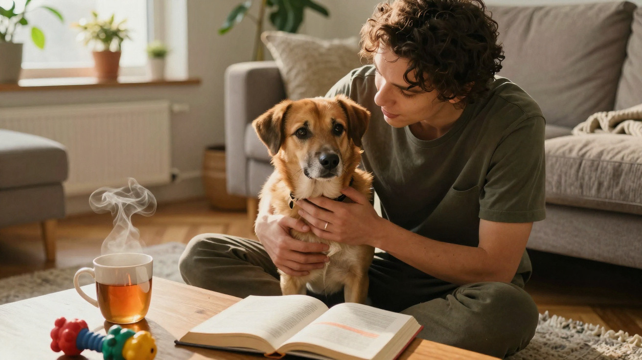 Junge sitzt im Wohnzimmer auf dem Boden, hält einen Hund und liest ein aufgeschlagenes Buch.