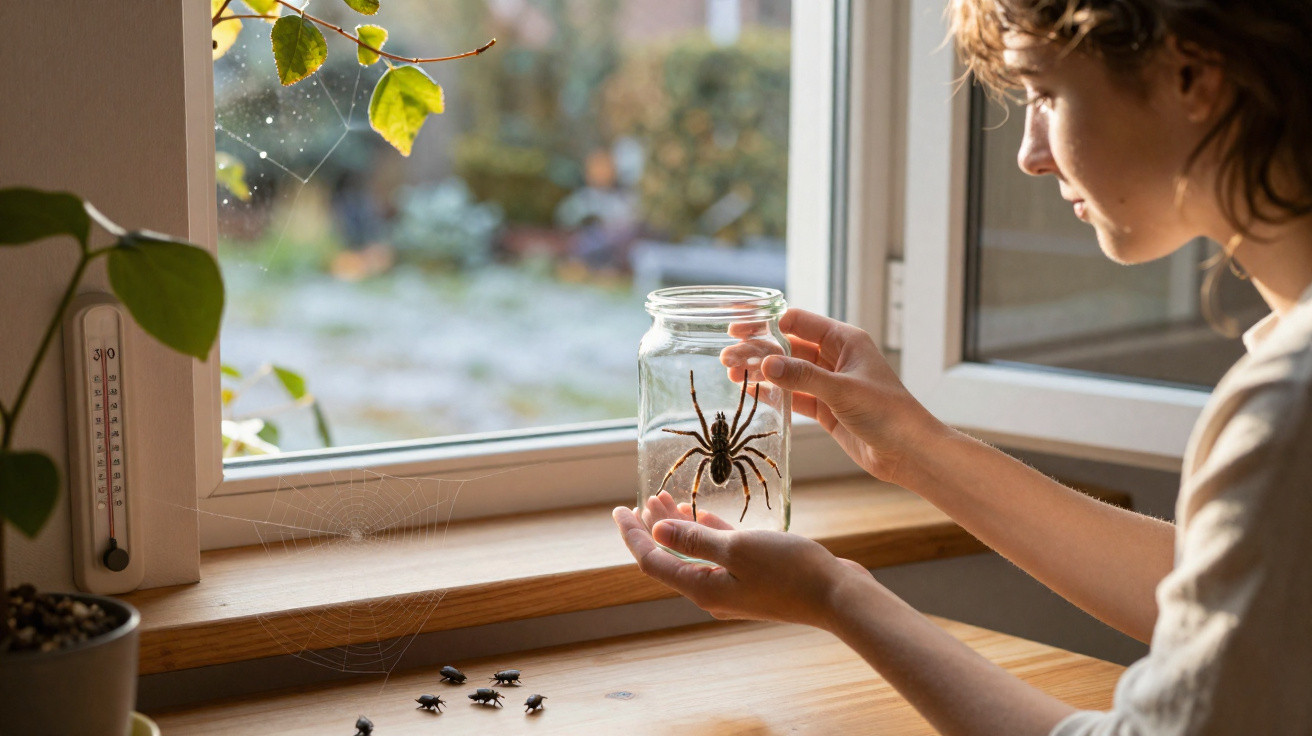 Frau hält am offenen Fenster ein Glas mit großer Spinne, auf dem Tisch liegen mehrere Käfer.