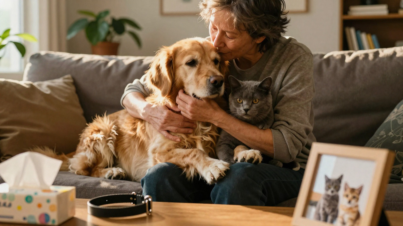 Frau sitzt auf Sofa, umarmt und küsst golden Retriever Hund, hält gleichzeitig eine graue Katze im Arm.