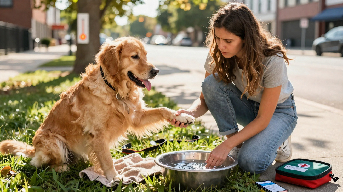 Frau kühlt die Pfote ihres Golden Retrievers in einer Wasserschüssel am Straßenrand.