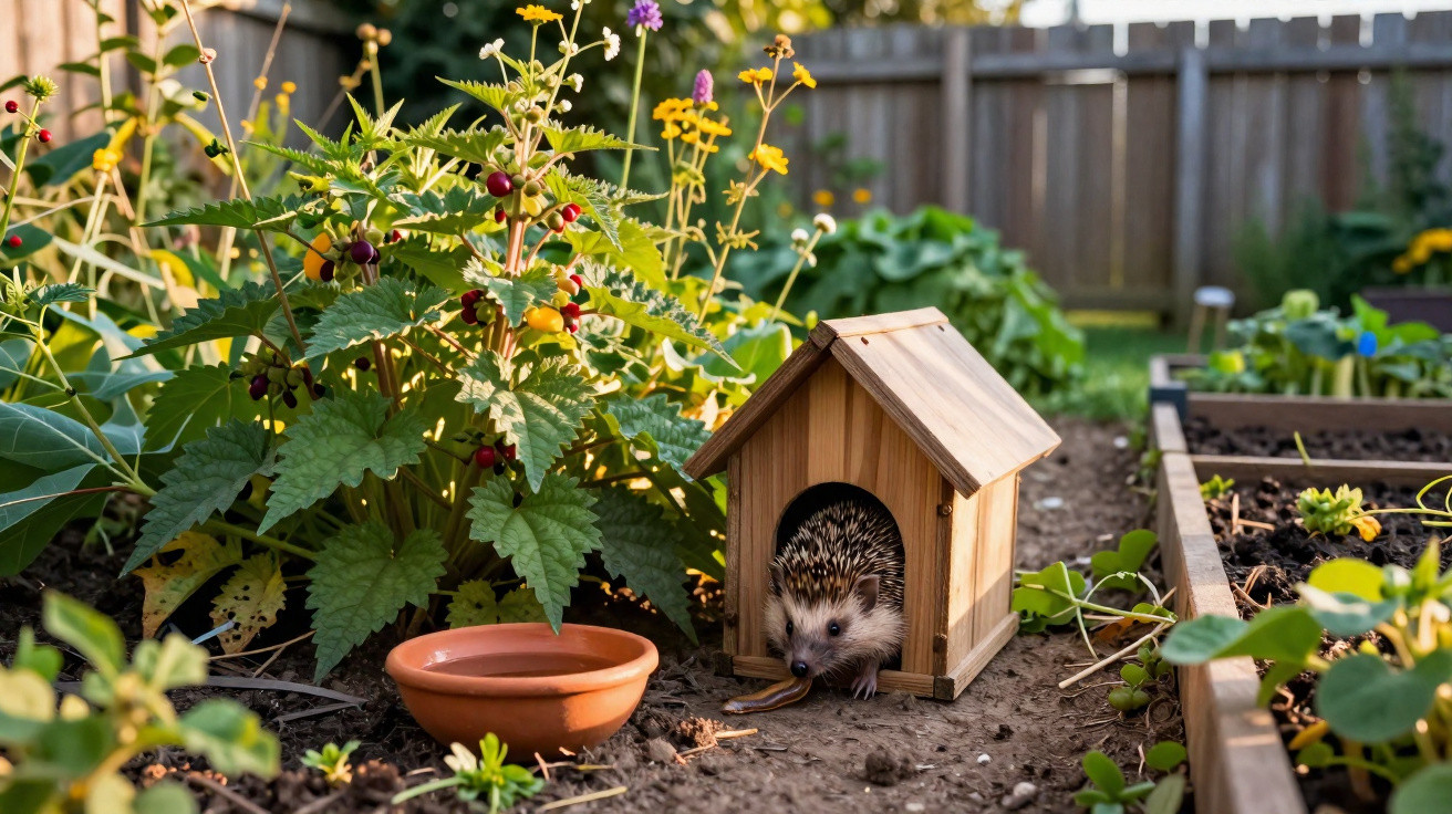 Igel in einem kleinen Holzhaus im Garten neben einer Pflanze und einem Wassernapf.