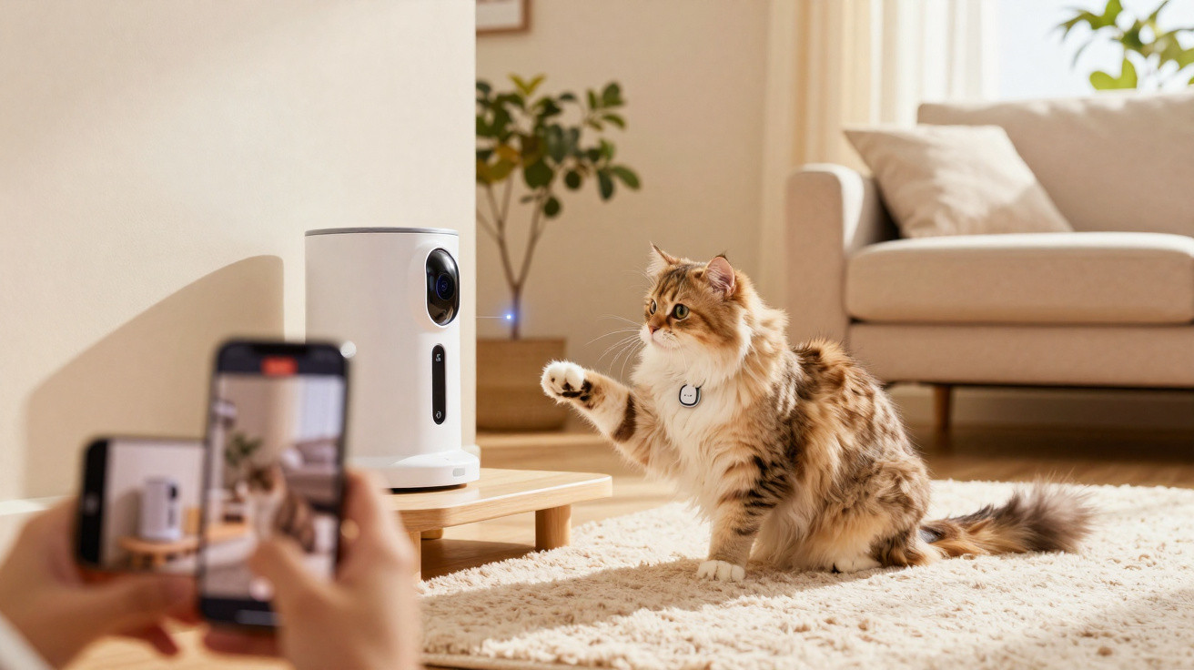 Katze hebt Pfote vor einer weißen Smart-Kamera im Wohnzimmer, Person fotografiert mit Smartphone.