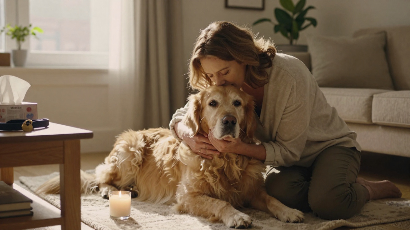 Frau umarmt liebevoll einen großen Golden Retriever, der auf einem Teppich vor dem Sofa liegt.