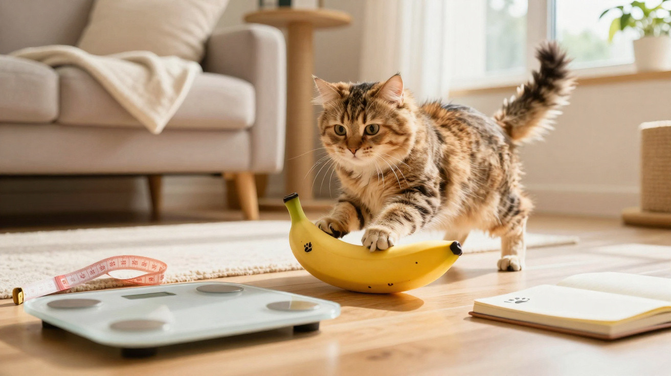 Neugierige Katze spielt mit einer großen Banane auf dem Boden in einem wohnlichen Raum neben Waage und Maßband.