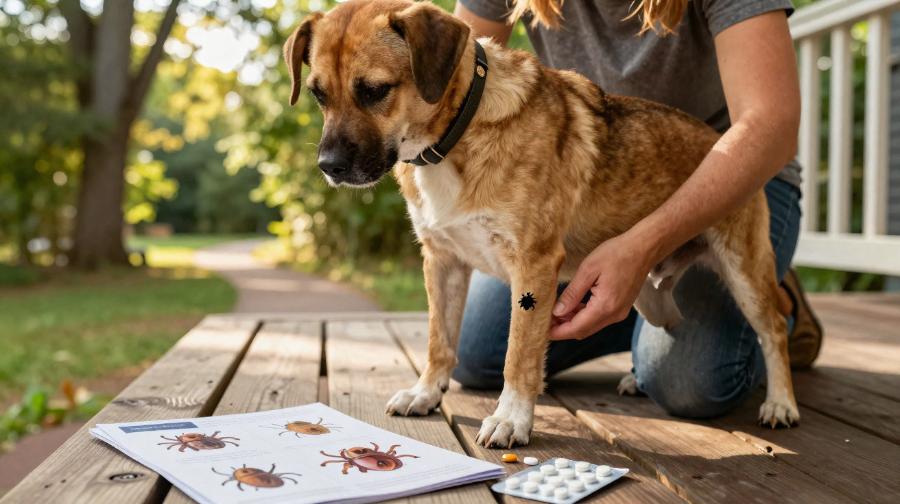 Hund mit einer Zecke am Bein, daneben Medikamente und ein Buch mit Zeckenabbildungen auf einer Holzterrasse