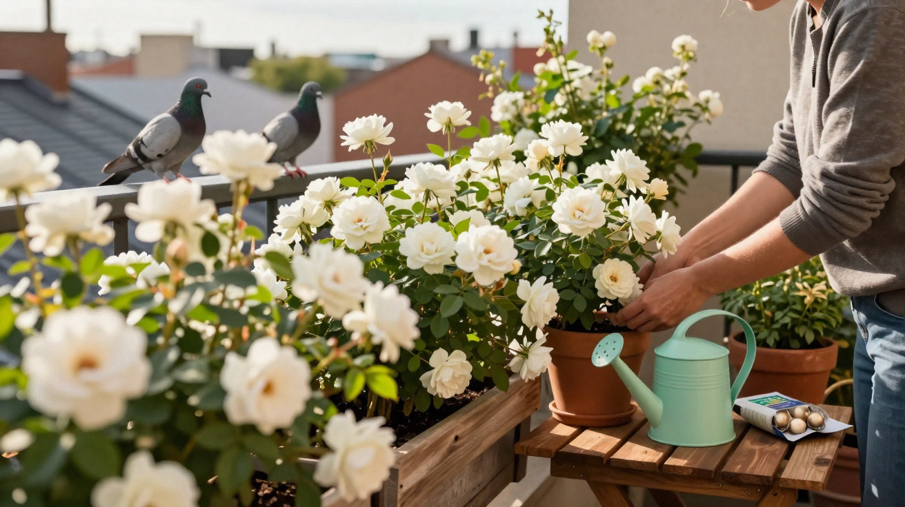 Person pflegt weiße Rosenpflanzen auf Balkon mit Gießkanne und Blumenzwiebeln, Tauben im Hintergrund.