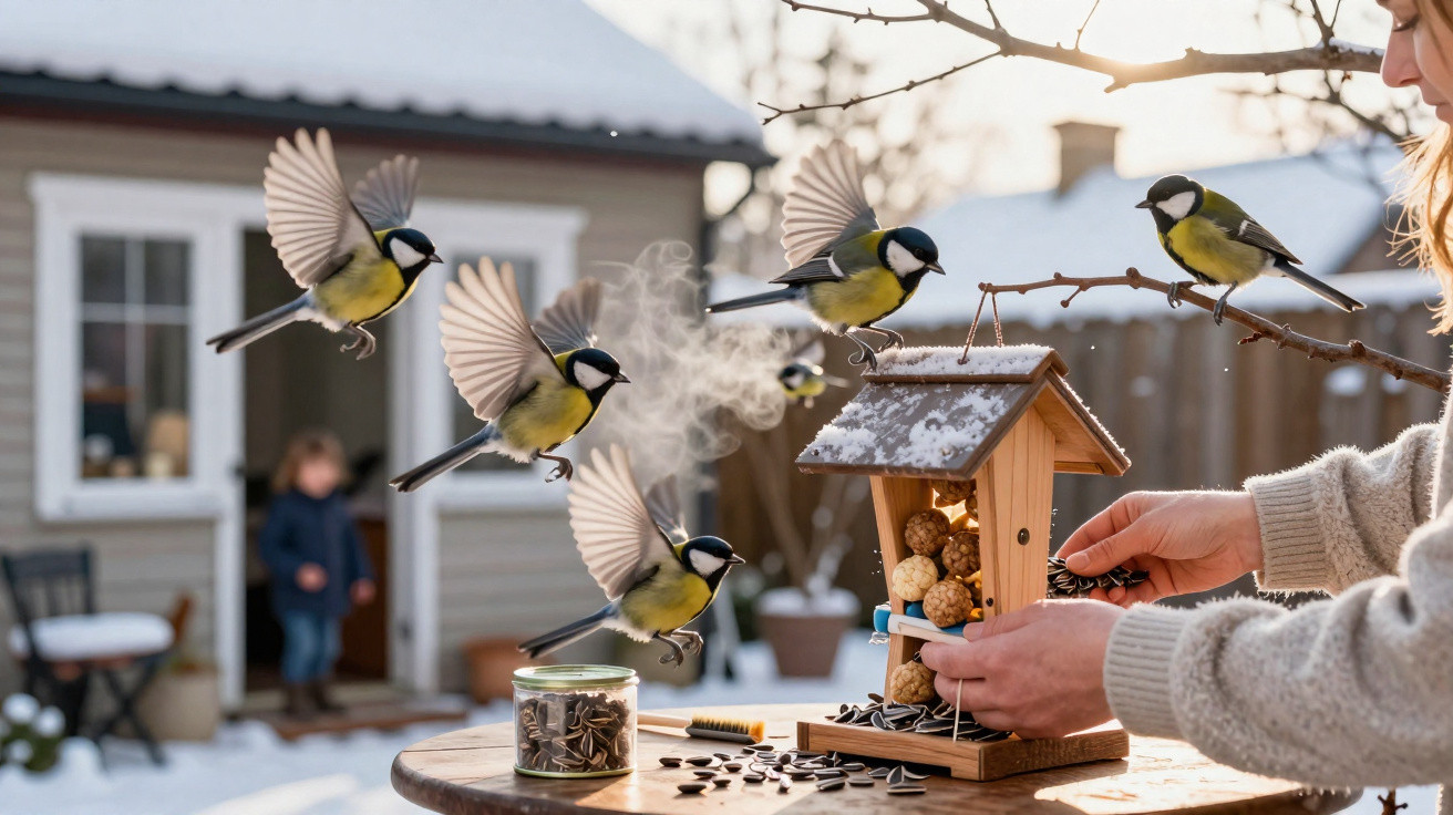 Kohlmeisen fliegen an einem winterlichen Tag zu einem Vogelhaus, während eine Frau sie füttert.