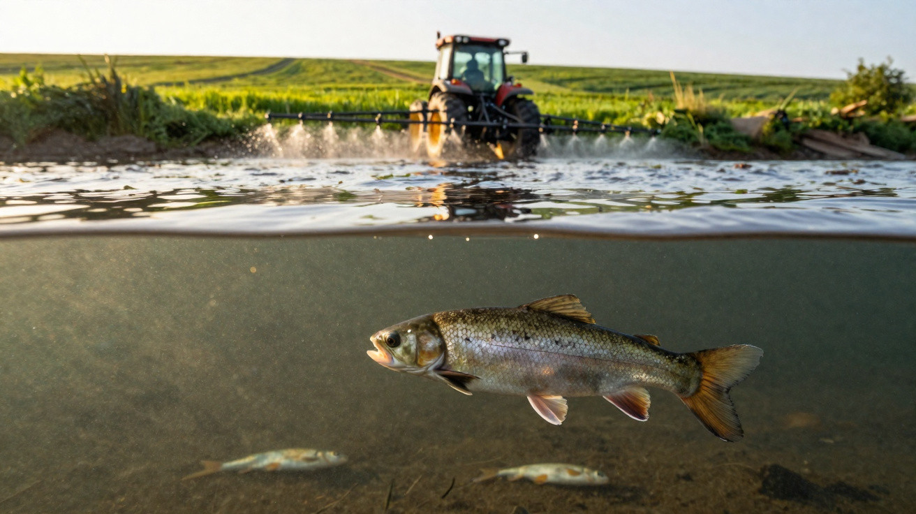 Fisch schwimmt unter Wasser, im Hintergrund sprüht ein Traktor Pestizide auf einem Feld.