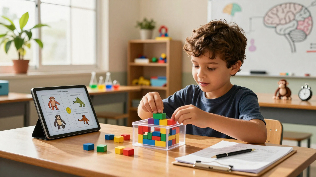 Junge spielt mit bunten Bauklötzen an einem Tisch, im Hintergrund Tablet und Schulmaterialien in Klassenraum.