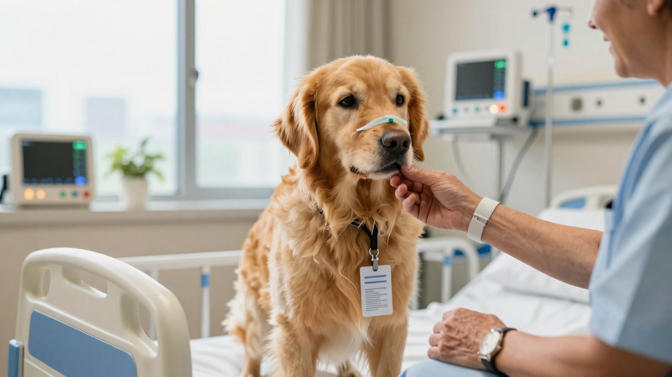 Golden Retriever mit Tag am Halsband in einem Krankenhausbett, gestreichelt von einer Pflegekraft