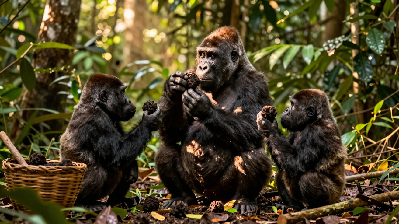 Drei Gorillas sitzen im Wald und halten Nahrung, ein Korb mit Nahrung liegt neben ihnen.