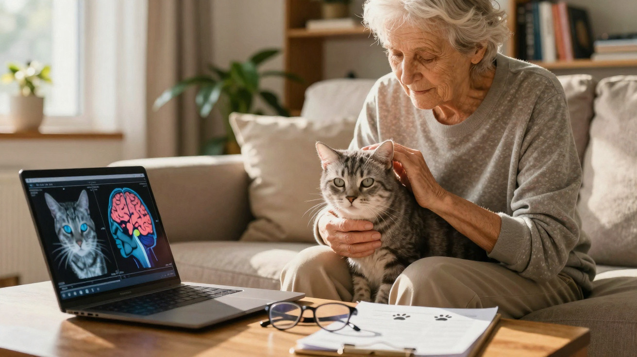 Ältere Frau sitzt mit Katze auf dem Schoß vor Laptop mit Katzenhirn-Analyse auf dem Bildschirm.