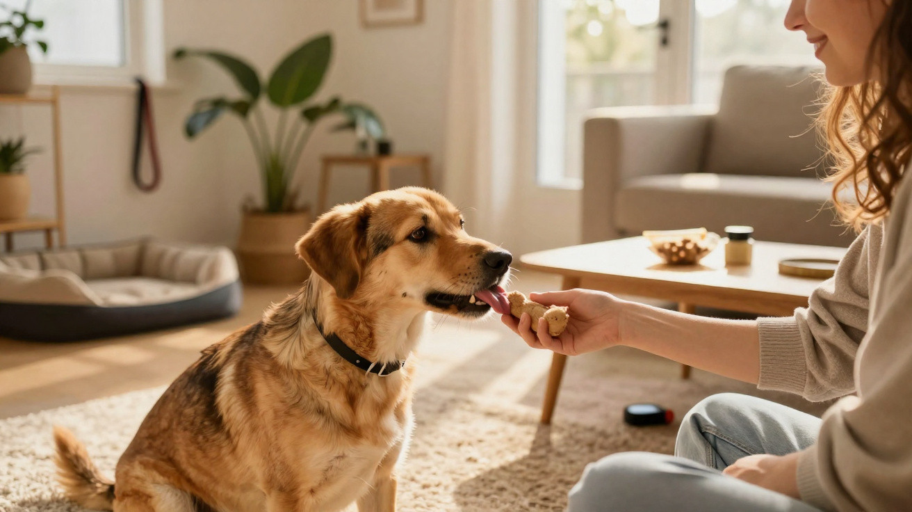 Eine Frau füttert einen braun-beigen Hund in einem hellen Wohnzimmer mit Teppich und Möbeln.