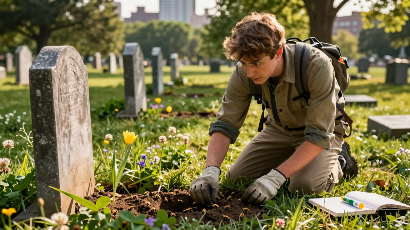 Junger Mann pflanzt Blumen auf einem gepflegten Friedhof bei Tageslicht.