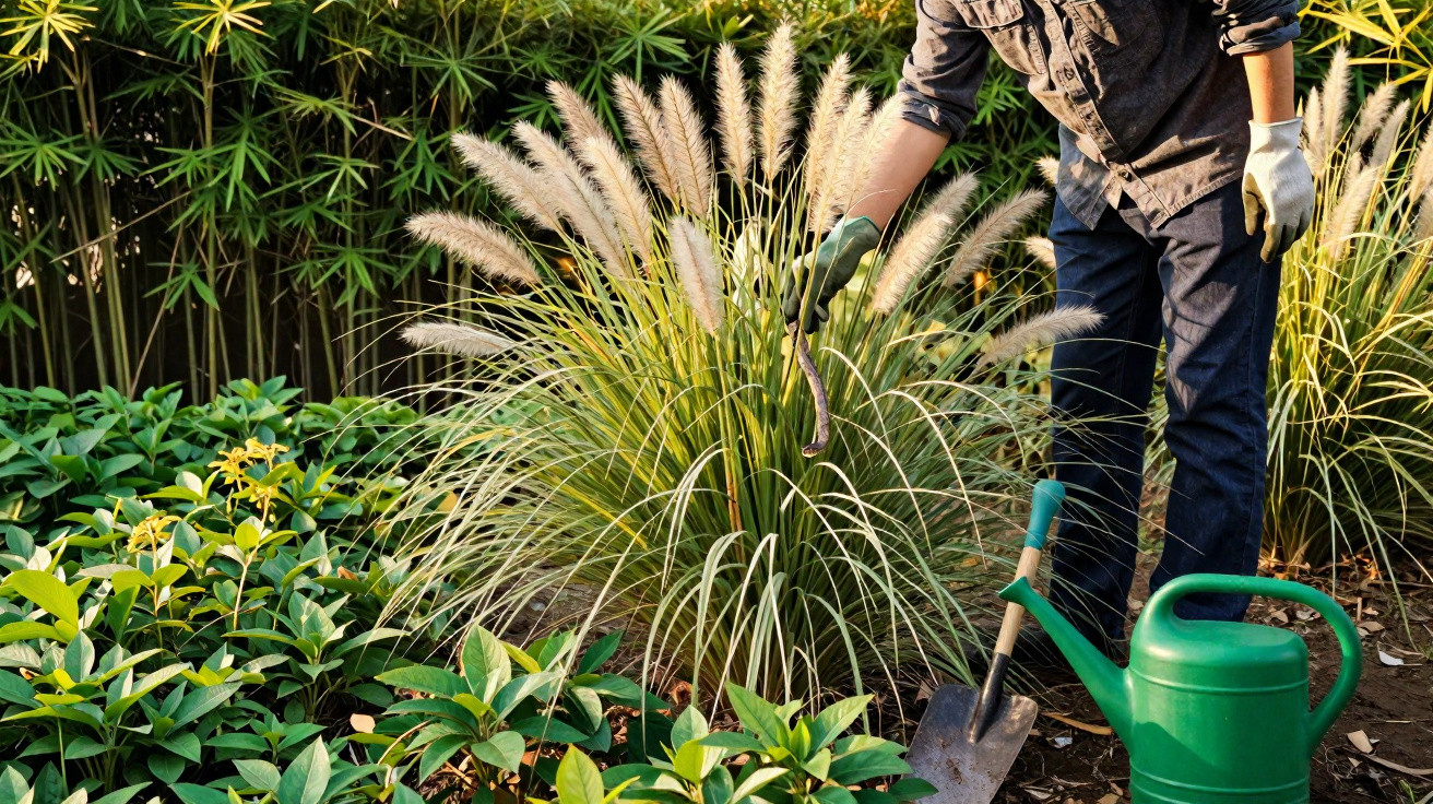 Person mit Handschuhen bearbeitet Ziergras im Garten, umgeben von grünen Pflanzen, Gießkanne und Gartenschaufel.